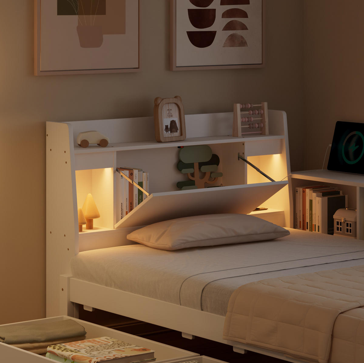 JEDNOLÔŽKOVÁ posteľ 90/200 cm biela s úložným priestorom, 2 svetlami a nabíjacou zásuvkou z masívu a MDF - biela, drevo (90/200cm) - OKWISH