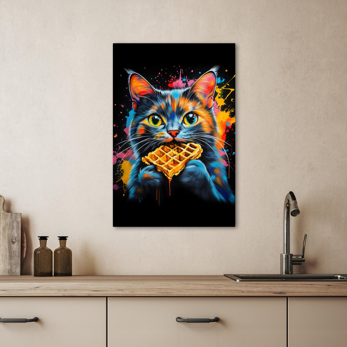 LEINWANDBILD Katze - Graffiti - Bunt - Waffel - Essen 40x60 cm - Türkis, Textil (40/60cm) - MuchoWow