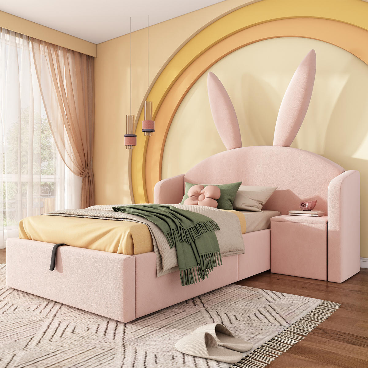 POLSTERBETT 90/200 cm in Rosa mit Hasenohren, Stauraumbox und Nachttisch - Rosa, Holzwerkstoff/Textil (90/200cm) - WISHDOR