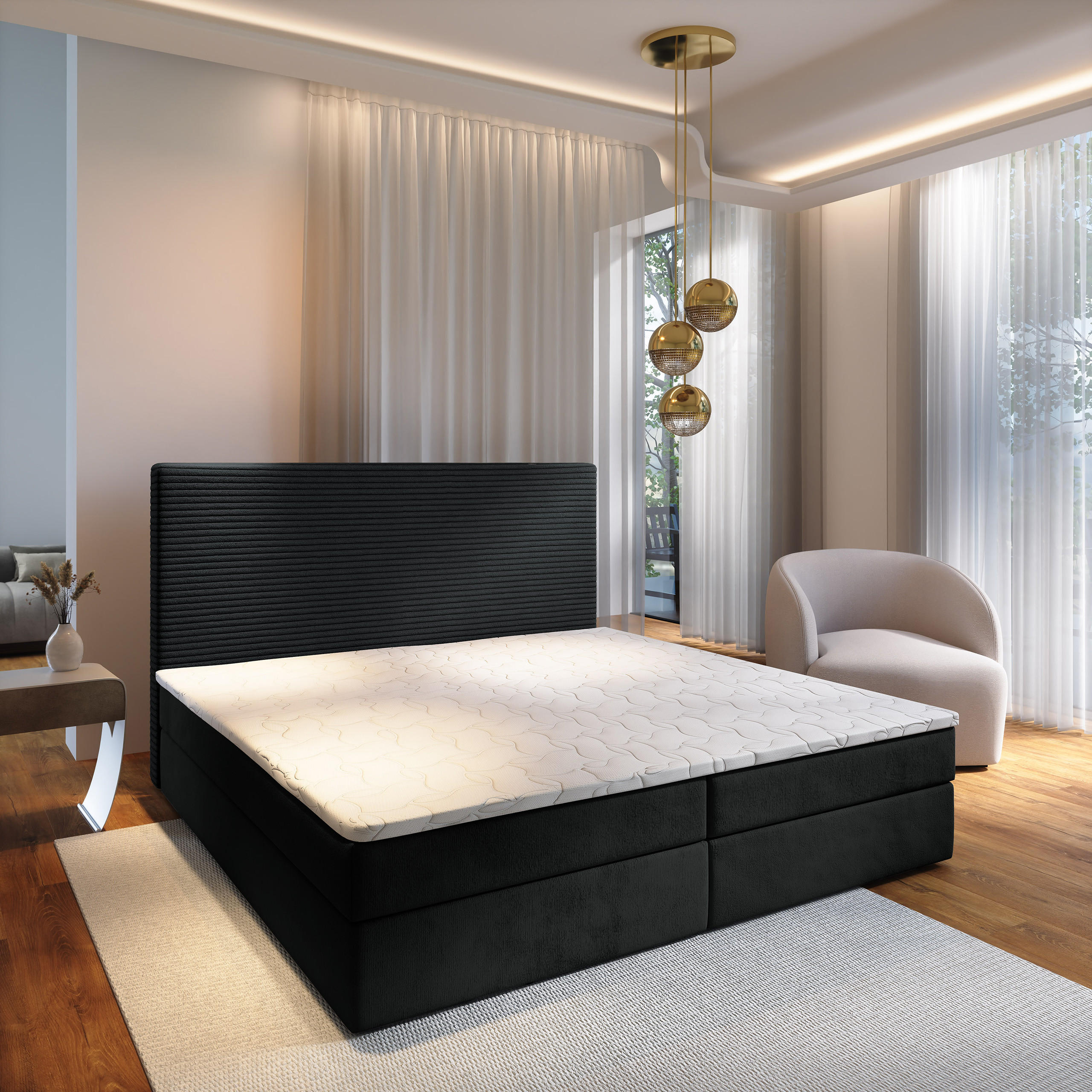 BOXBETT GIARRO 180x200 cm mit Matratze und Topper - Schwarz - Schwarz, Holz (180/200cm) - MASSENO