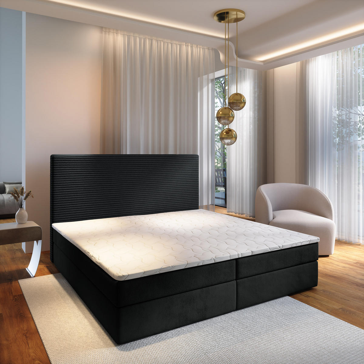 BOXBETT GIARRO 160x200 cm mit Matratze und Topper - Schwarz - Schwarz, Holz (160/200cm) - MASSENO