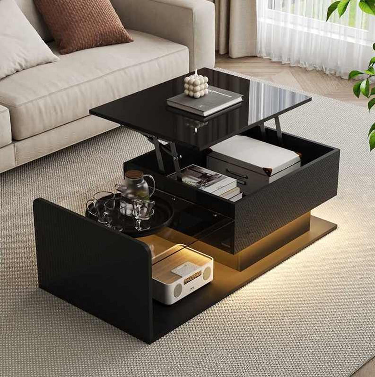 COUCHTISCH 100/50 cm Schwarz aus Spanplatte und Glas mit höhenverstellbarer Platte und LED - Schwarz, Holzwerkstoff (100/50/33cm) - OKMYHOME