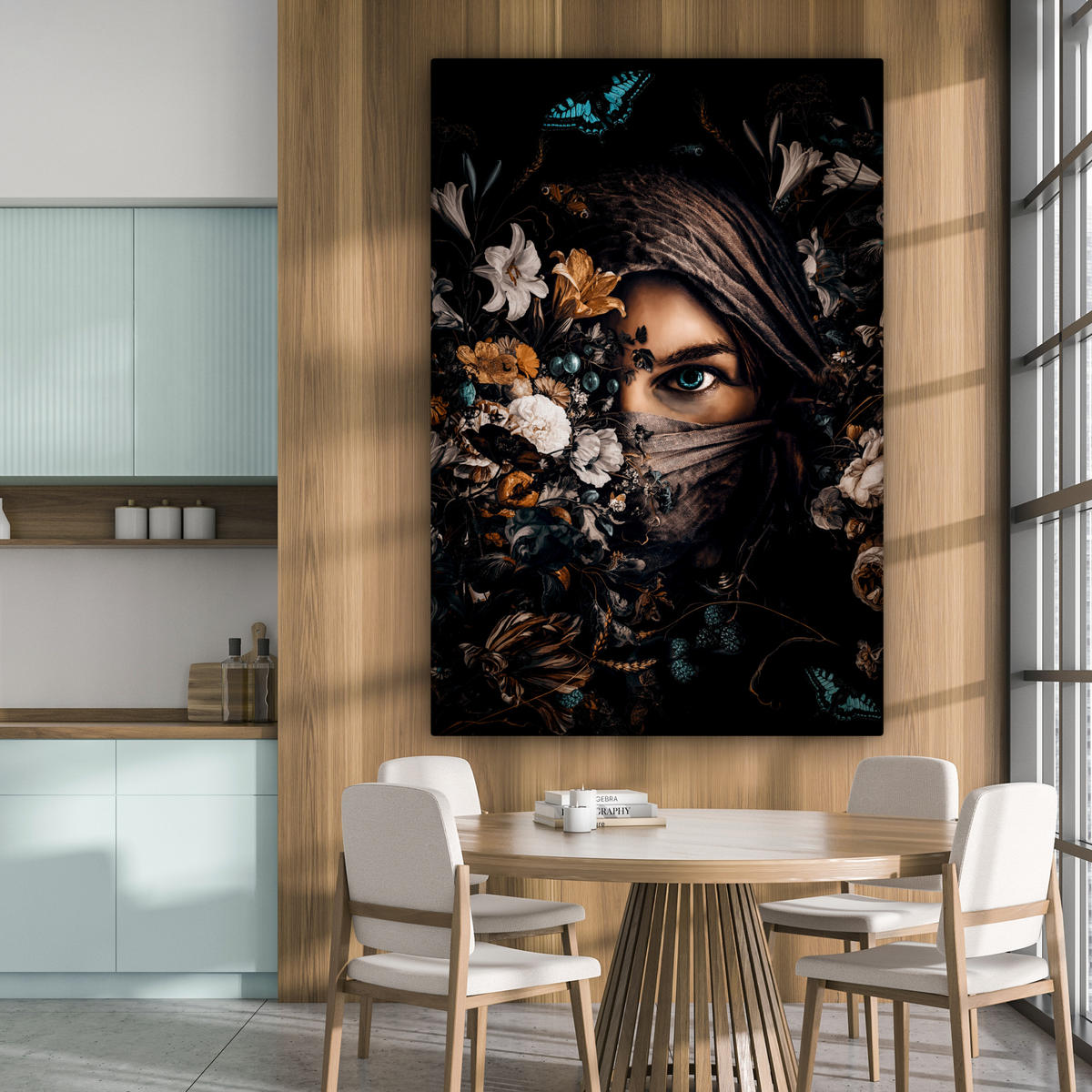 LEINWANDBILD Frau - Luxus - Blumen - Schmetterling - Porträt Deko Groß 90x140 cm - Schwarz, Textil (90/140cm) - MuchoWow