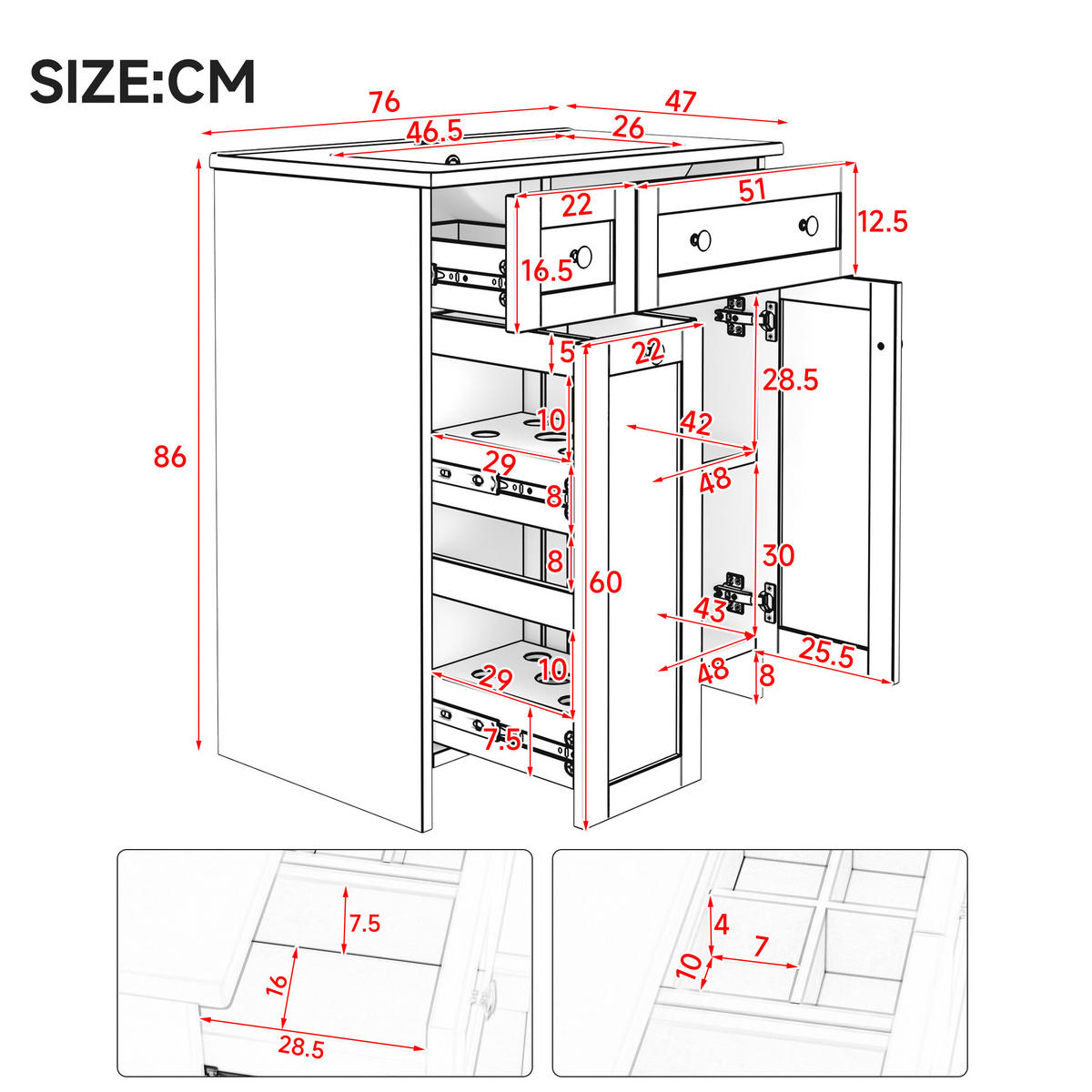 WASCHTISCH 76cm Keramikbecken 3 Schubladen Schwarz lackiert - Schwarz, Holzwerkstoff (76/86/47cm) - Urban Meuble