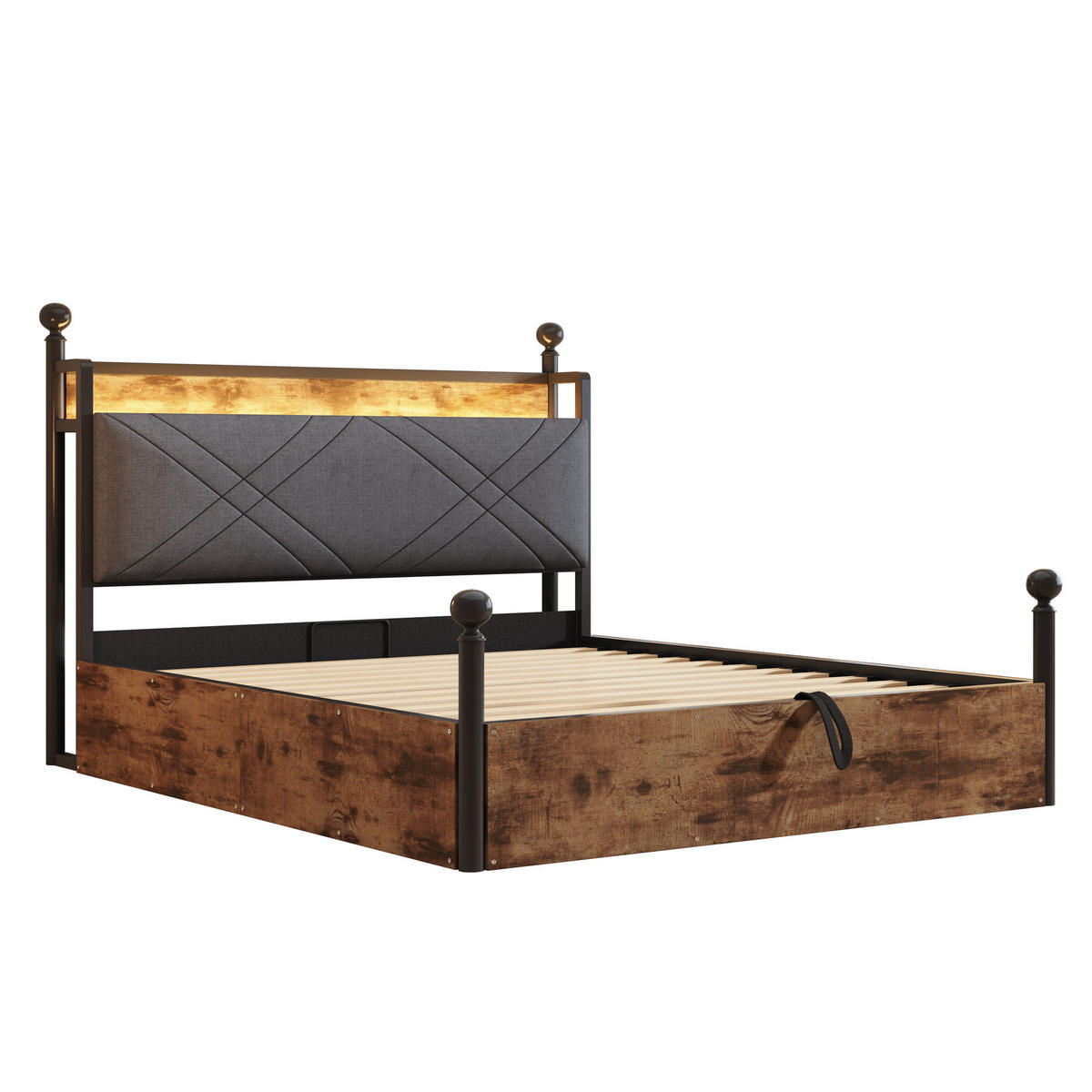 METALLBETT 140/190 cm schwarz mit hydraulischem Stauraum und LED-Beleuchtung - Schwarz, Metall (140/190cm) - OKWISH