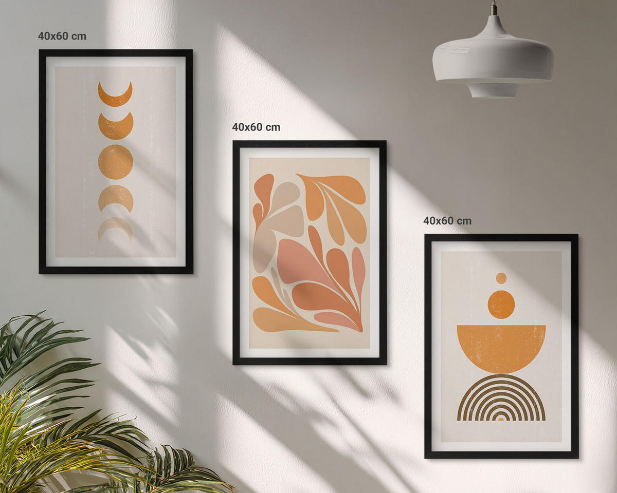 BILDER SET 3er Set - 40x60 cm Schwarzer Rahmen - Abstrakte orange Formen - Schwarz, Kunststoff (40/60cm) - TULUP