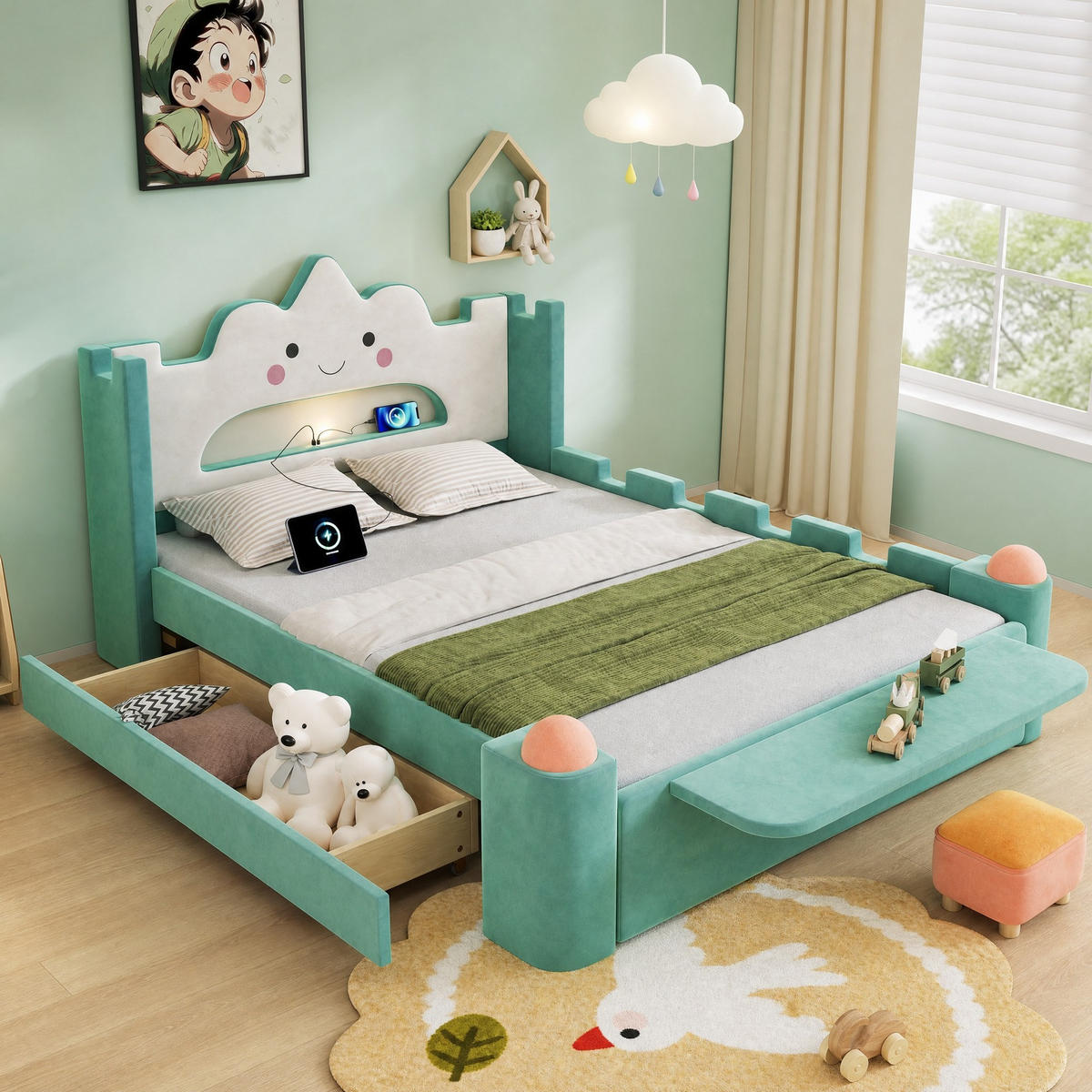 KINDERPOLSTERBETT 140x200 cm in Blaugrün mit Leselampe, USB-Anschluss und Schublade - Blau, Textil (140/200cm) - IVMEU