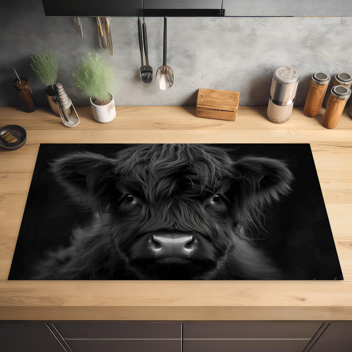 HERDABDECKPLATTE Scottish Highlander - Schwarz - Kalb - Kuh Ceranfeldabdeckung 90x52 cm - Schwarz, Kunststoff (90/52/0.2cm) - MuchoWow