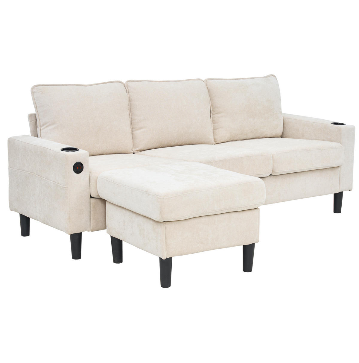 ECKSOFA L-Form 3-Sitzer mit zwei Getränkehaltern und USB und Typ-C-Anschlüssen Beige 202/137/80 cm - Beige, Textil (202/137cm) - OKWISH