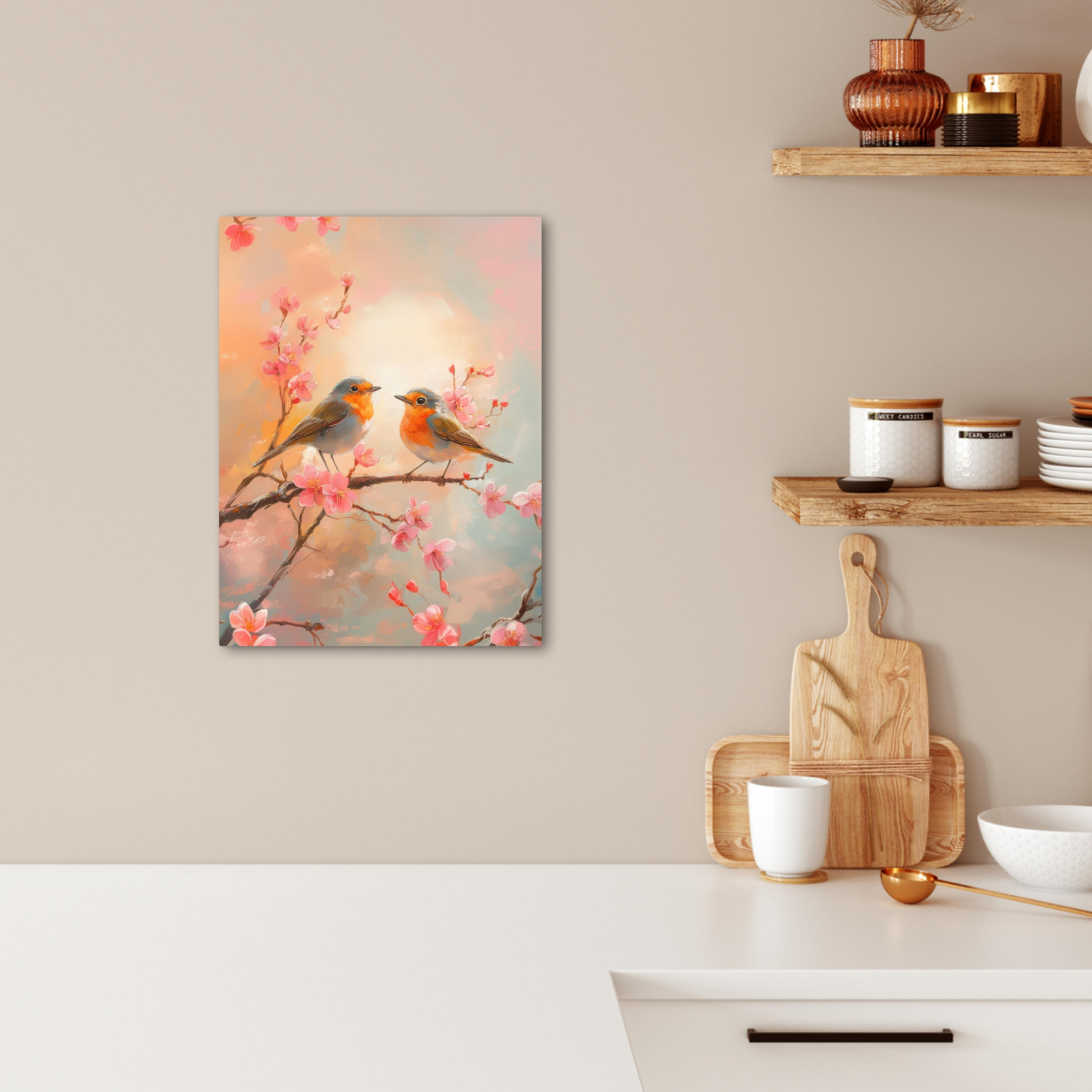 LEINWANDBILD Rotkehlchen - Zierpflanze - Blütenzweig 30x40 cm - Hellrosa, Textil (30/40cm) - MuchoWow