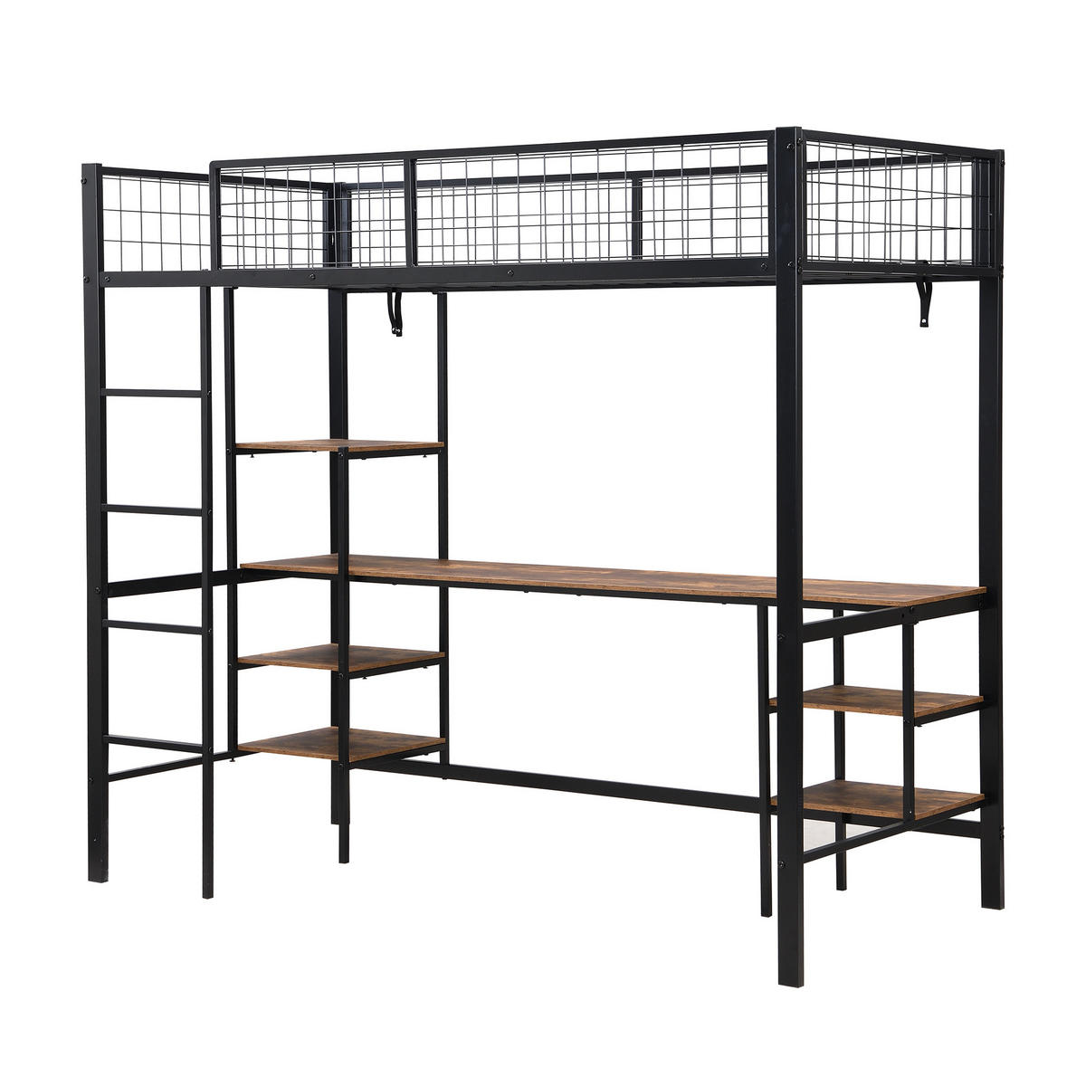 ETAGENBETT 90/200 cm in Schwarz & Dunkler Holzfarbe mit Tisch und Regal aus Metall & Holzwerkstoff - Schwarz, Holzwerkstoff/Metall (90/200cm) - CHICFURN