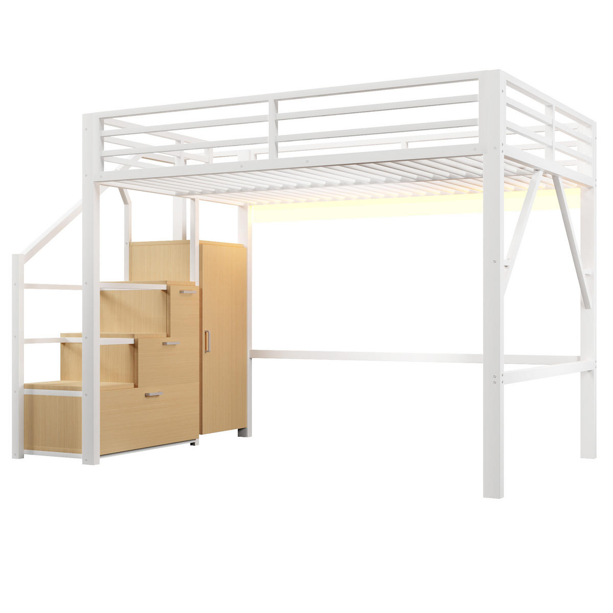 HOCHBETT 140/200 cm in Weiß mit Kleiderschrank, Stauschränken und LED - Weiß, Holzwerkstoff/Metall (140/200cm) - STILVORA