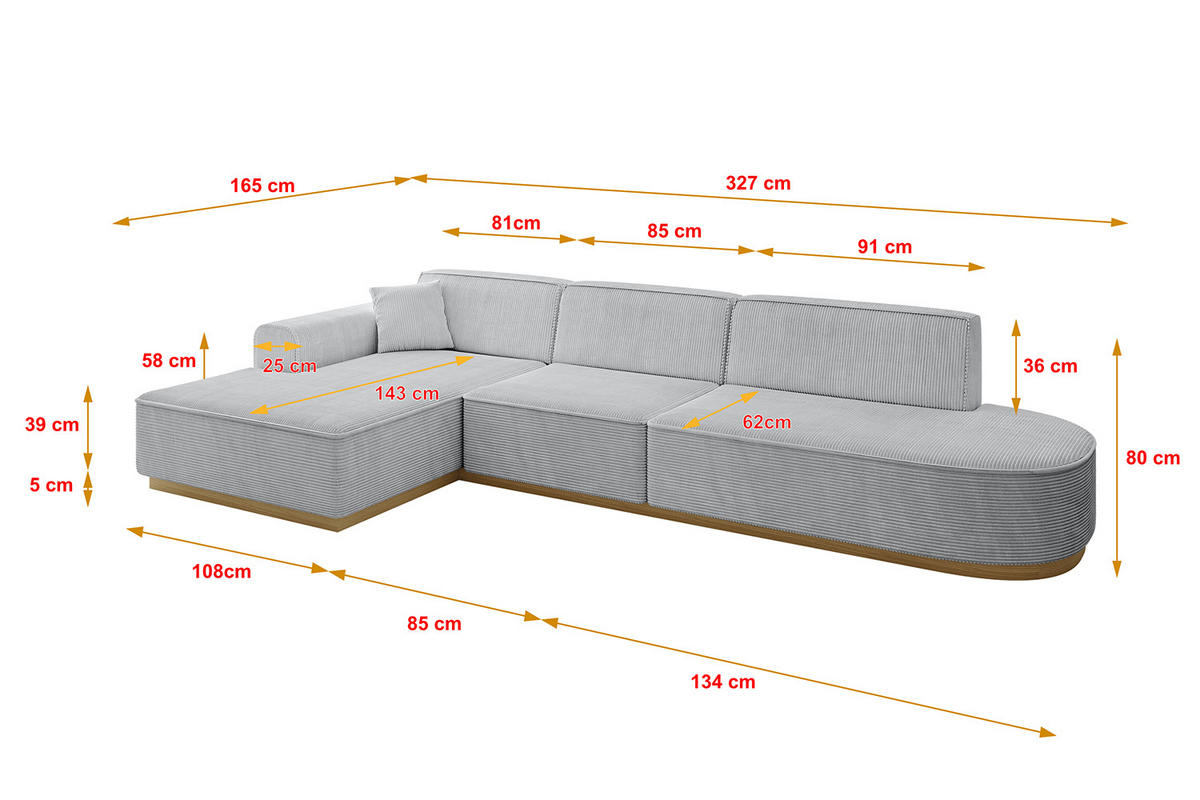 ECKSOFA Ottomane Links IREA-L2-v2 - 327x165x80 cm Grau - Grau, Holzwerkstoff/Textil (327/165cm) - ALTDECOR