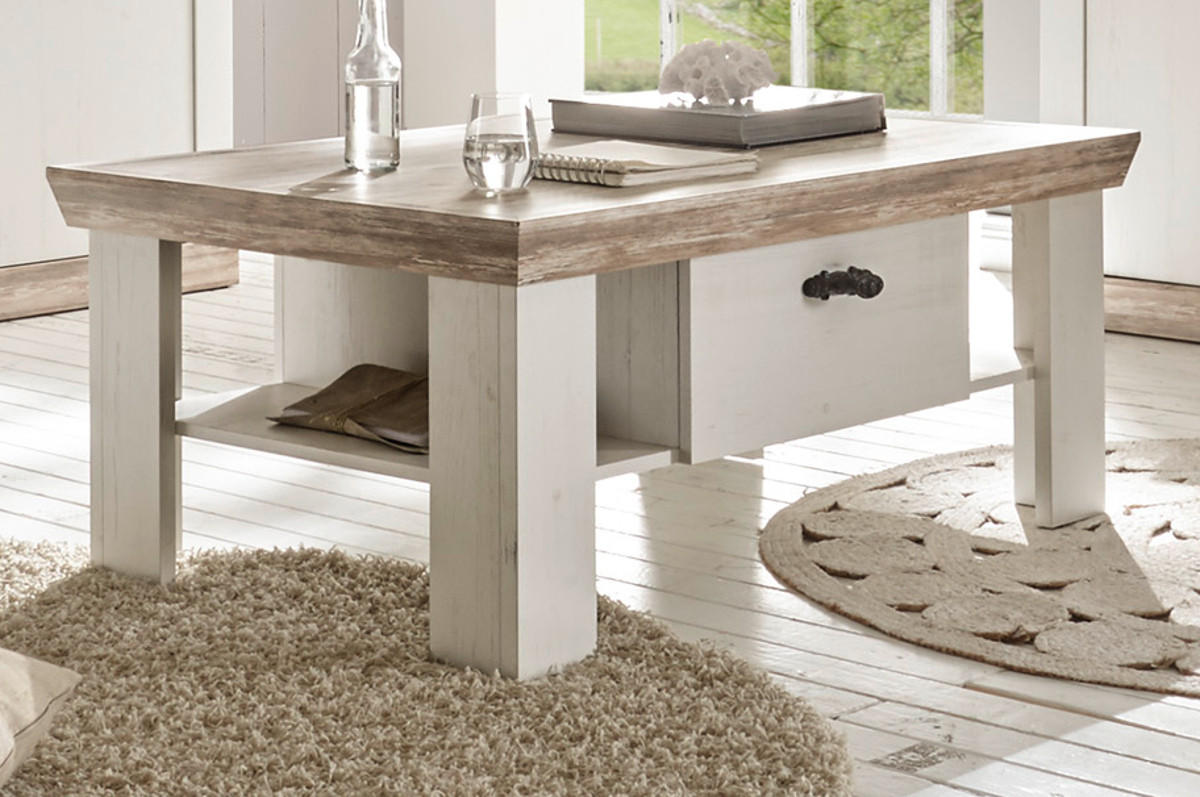 COUCHTISCH Pinie weiß, Oslo Pinie Landhaus, Beistelltisch mit Ablage 2 x Schubkasten, 109 x 69 cm - Weiß/Pinienfarben, Holzwerkstoff/Metall (109/69/45cm) - Furn.Design