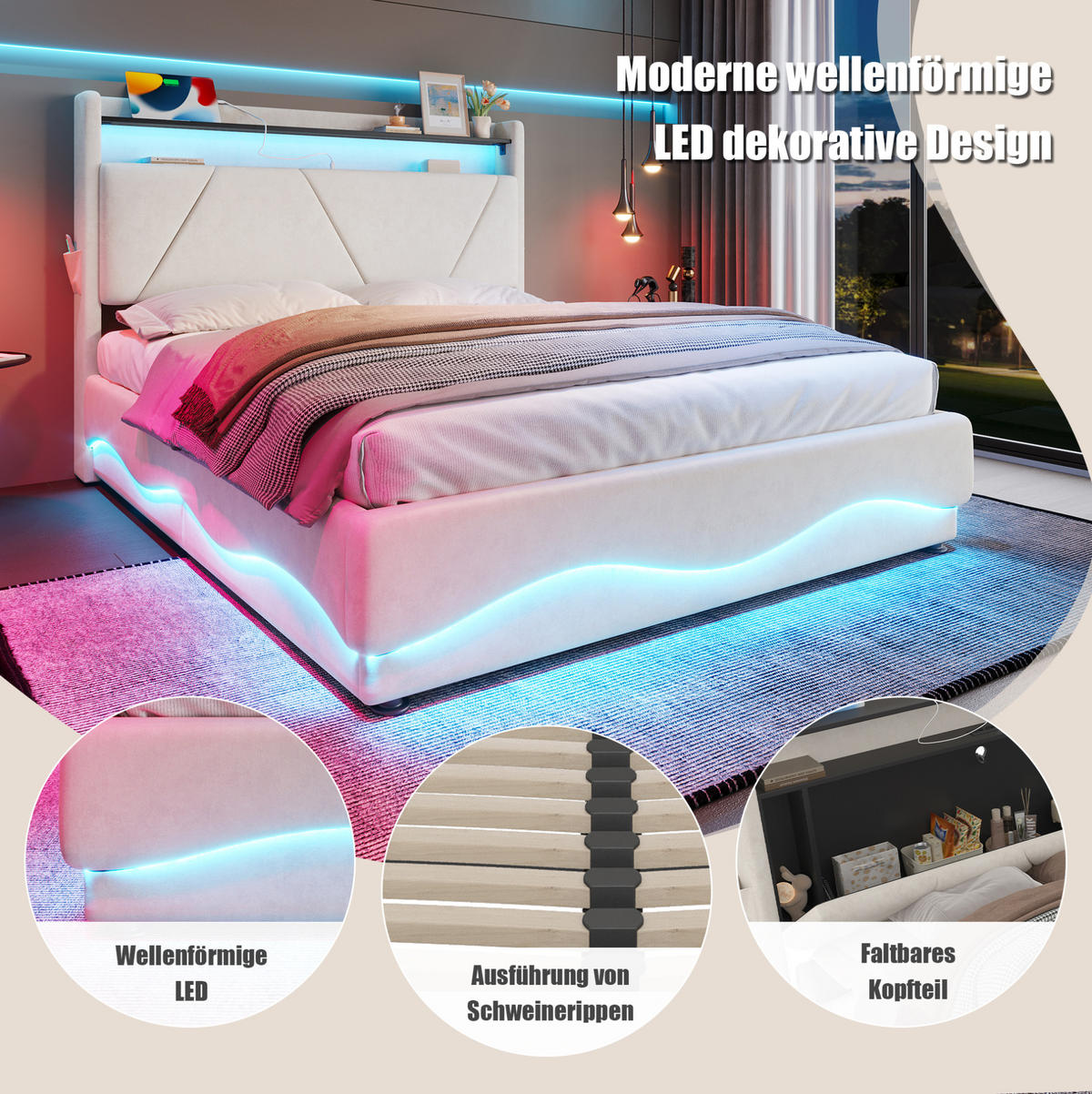 POLSTERBETT 140/200 cm beige aus Samt mit LED und Stauraum - Beige, Textil (140/200cm) - OKWISH
