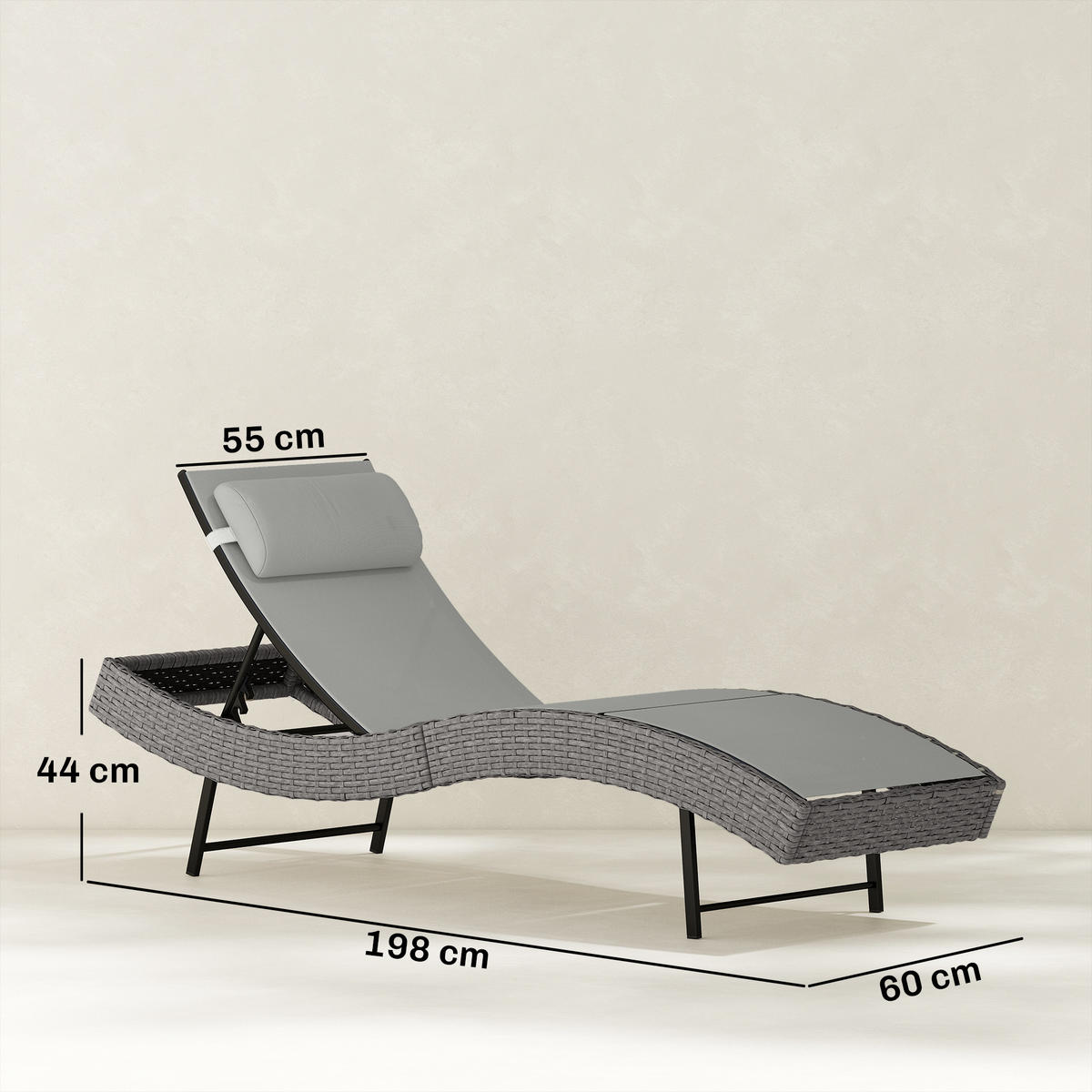 RATTAN-SONNENLIEGE PE-Rattan Metall Hellgrau - Hellgrau, Textil/Metall (61/44/198cm) - Outsunny