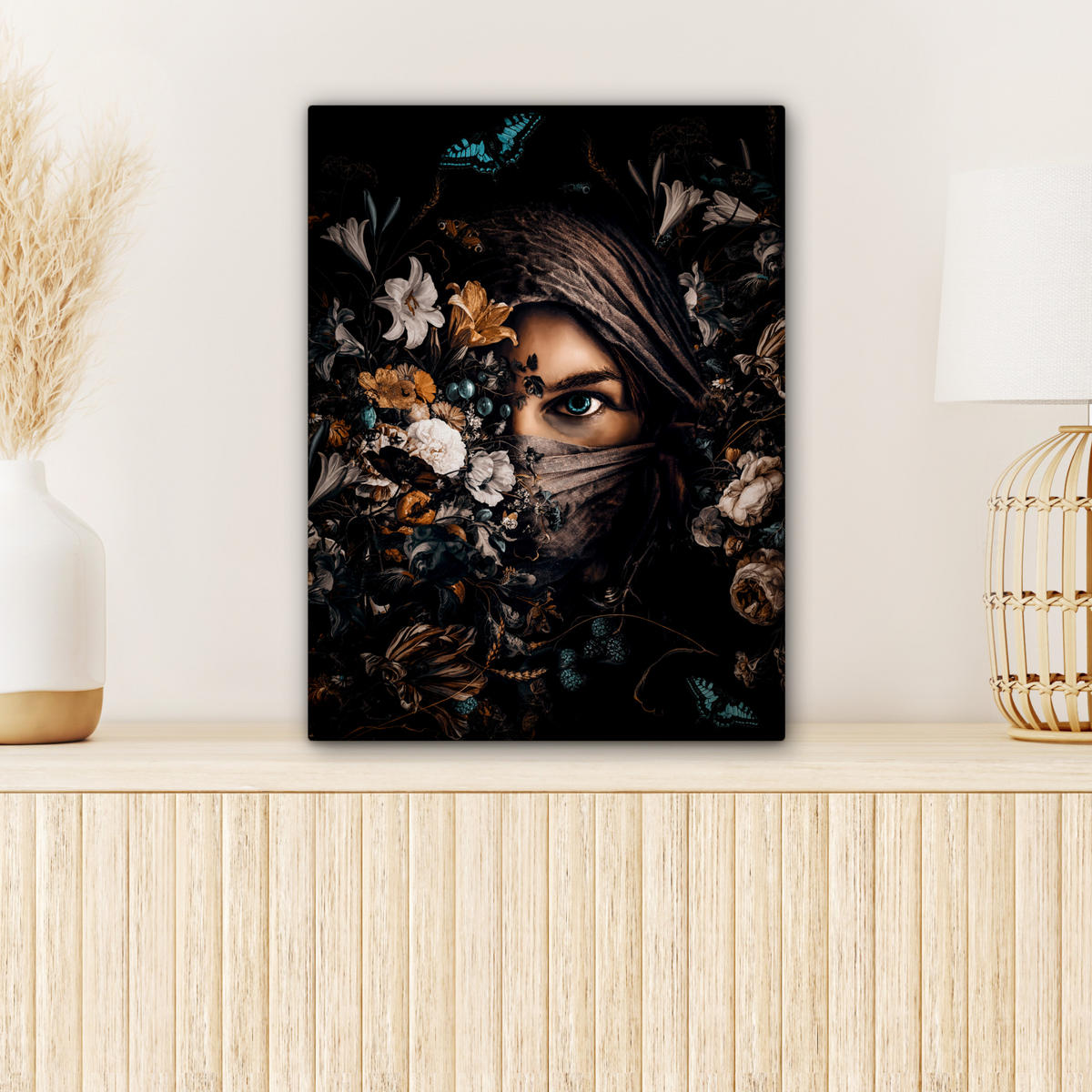 LEINWANDBILD Frau - Luxus - Blumen - Schmetterling - Porträt 30x40 cm - Schwarz, Textil (30/40cm) - MuchoWow
