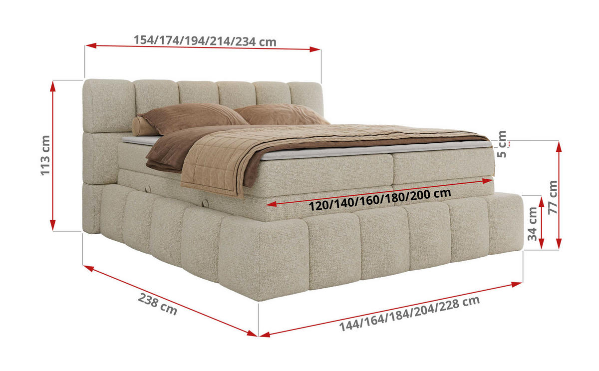 BOXSPRINGBETT NIRA KING 200/200 Creme Strukture - H4 - Creme, Holz/Textil (200/200cm) - MKS