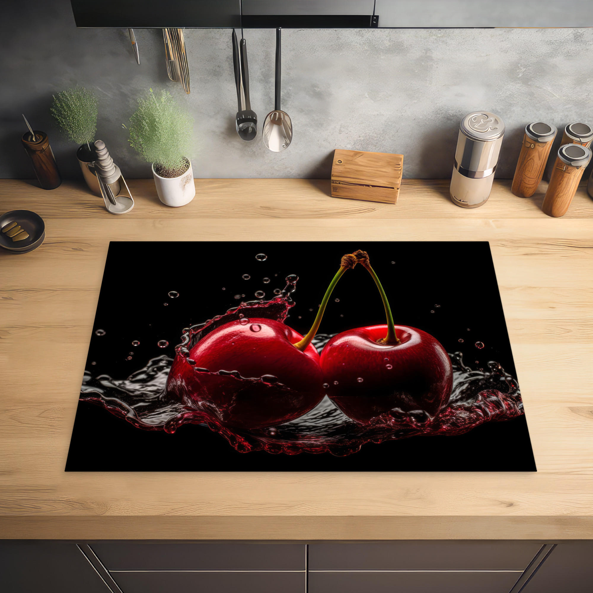HERDABDECKPLATTE Kirsche - Rot - Frucht - Wasser - Schwarz 75x52 cm - Kirschrot, Kunststoff (75/0.2/52cm) - MuchoWow