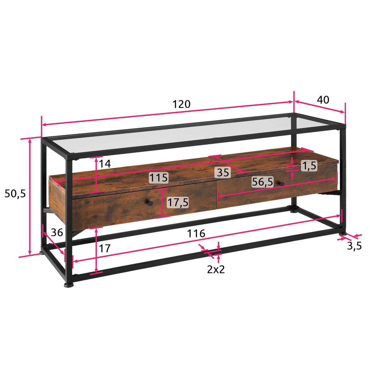 LOWBOARD Maidenhead,121,5 x 41,5 x 50,5 cm,Industrial Holz dunkel, rustikal - Rostfarben, Holzwerkstoff (41.5/50.5/121.5cm) - tectake