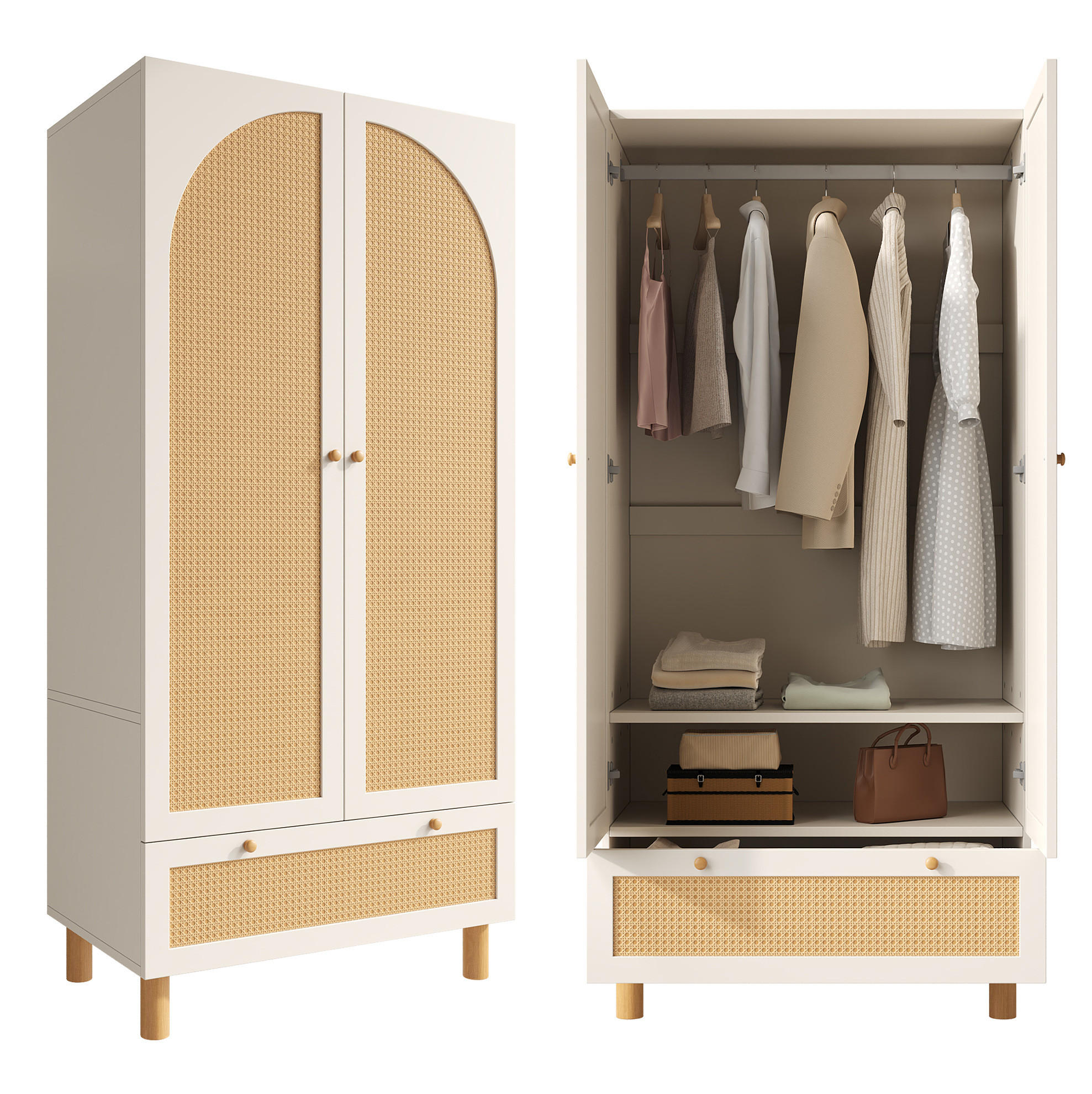 OKWISH ŠATNÍ skříň 180,5/85,5/52 cm bílá z MDF, dřevotřísky a borovice s ratanem, zásuvkou a závěsem