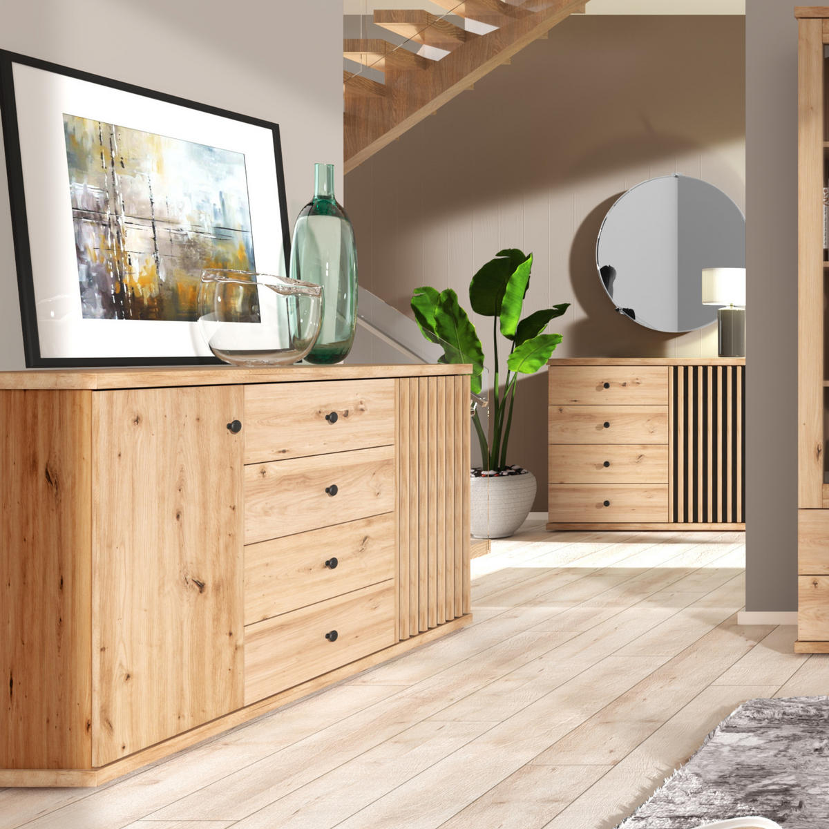 SIDEBOARD NAKUSP C4 Lamellen Eiche Artisan - Schwarz/Eiche Artisan, Glas/Holzwerkstoff (143/86/41cm) - Komodee
