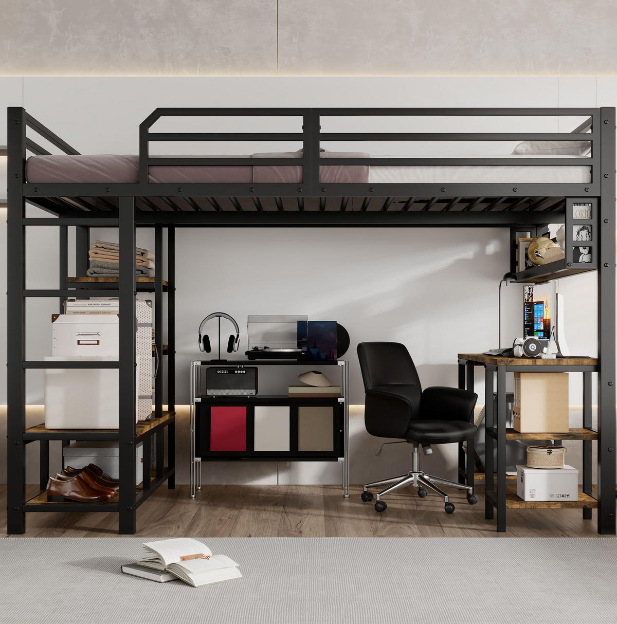 HOCHBETT 120/200 cm aus Metall und Holzwerkstoff mit Schreibtisch und Ablage Schwarz/Dunkel Walnuss - Schwarz, Metall (120/200cm) - Modenvie