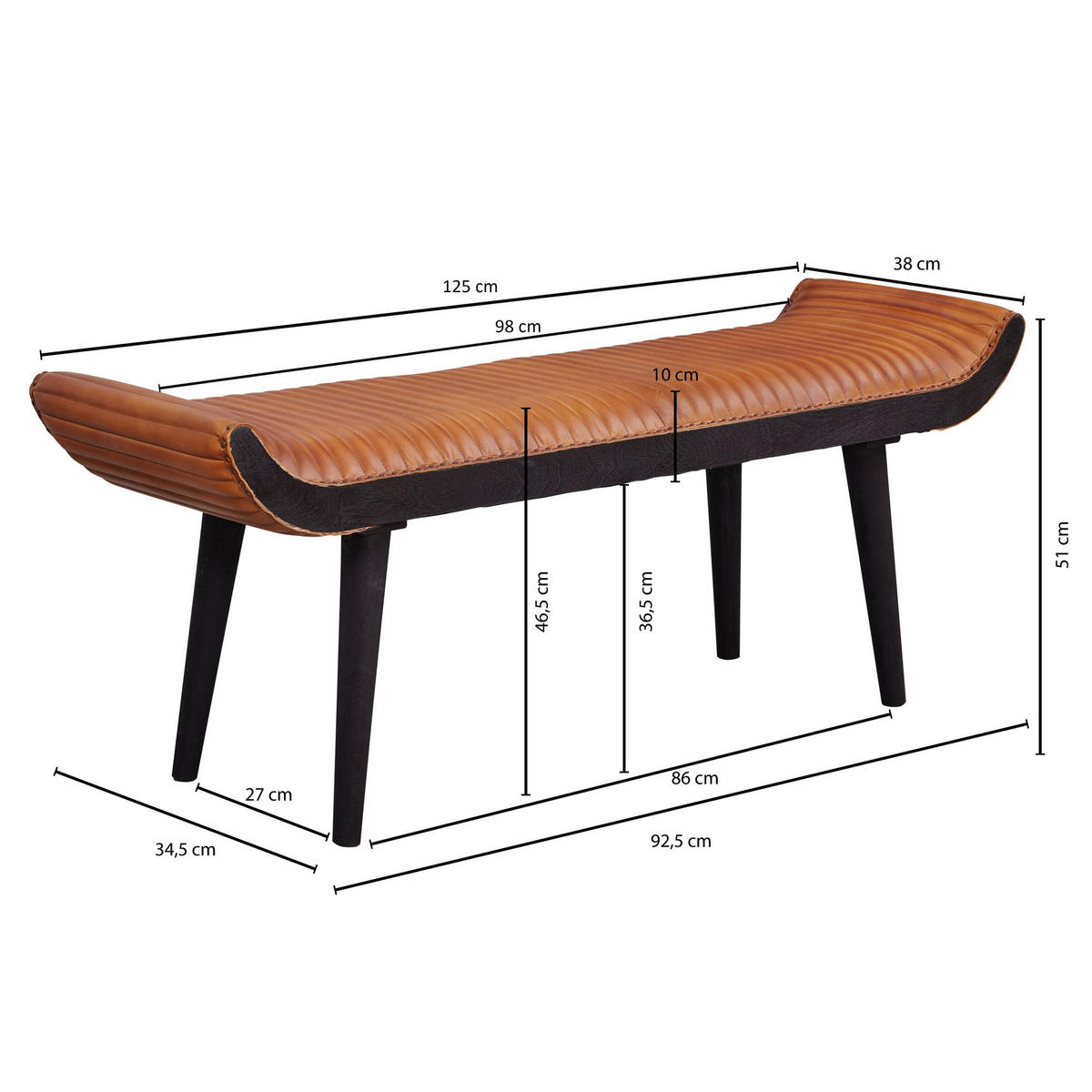 SITZBANK – Echtleder, 125x51x38 cm, Nietenrand, Massivholzbeine - Schwarz/Braun, Mangoholz/Leder (125/51/38cm) - KADIMA DESIGN