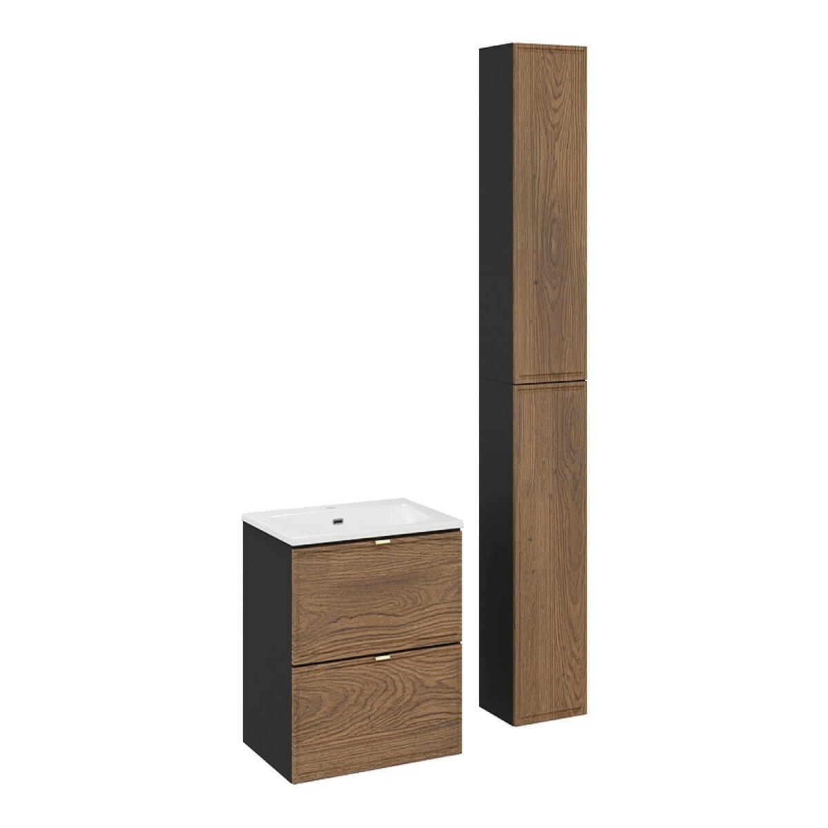 BADMÖBEL-SET 4 Teile - Talia Casella T BM89 in Schwarz Matt / Casella Oak - Hellbraun/Goldfarben, Holz/Metall (60/46/46cm)