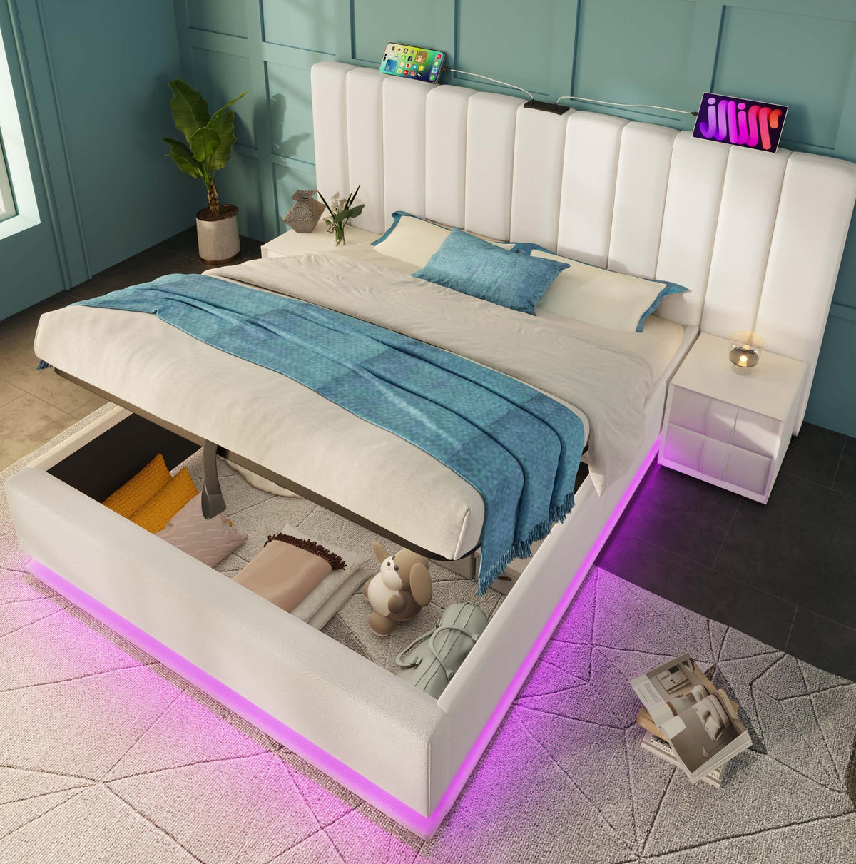 BETT mit Stauraum, LED und Ladefunktion 180x200 cm PU Weiß - Weiß, Metall (180/200cm) - Meubliv