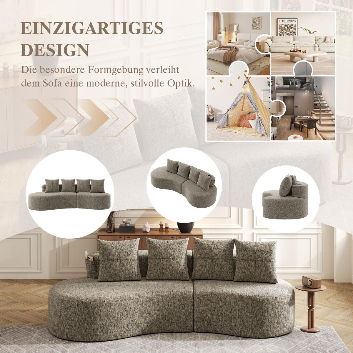 BIGSOFA Loungesofa,3er-Sofa,reich gepolstert,Leinenstoff,Khaki - Braun, Textil (240/63/109cm) - LVHOM