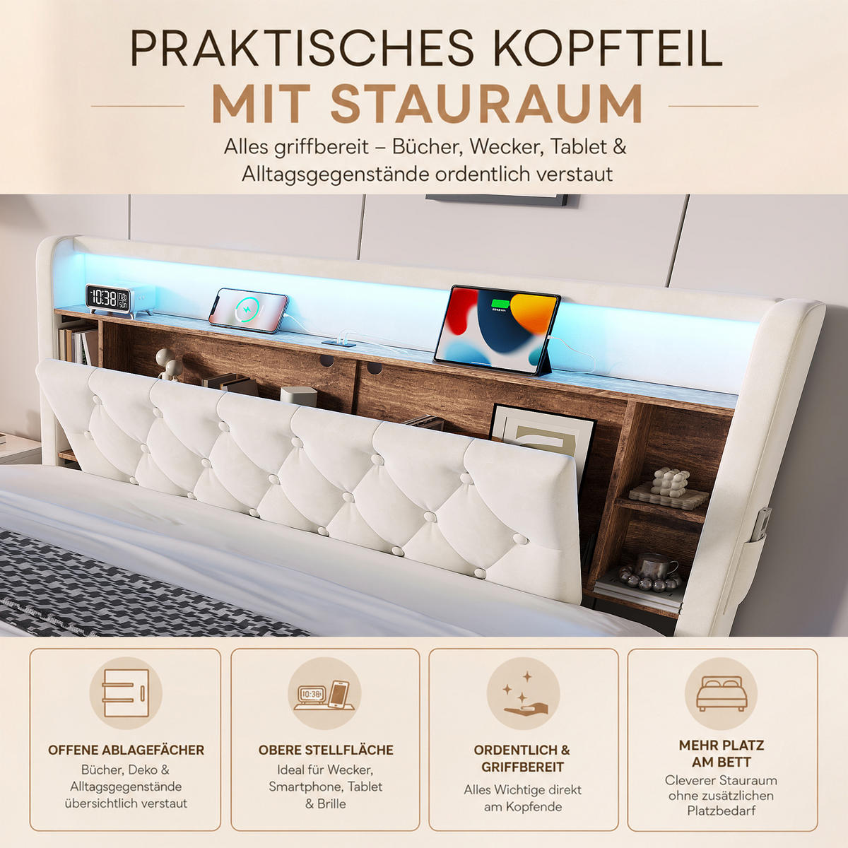 BOXBETT 180/200 mit LED/USB, Kopfteil-Regal & Hydraulik, Samt, Beige - Beige, Holz (180/200cm) - LVHOM