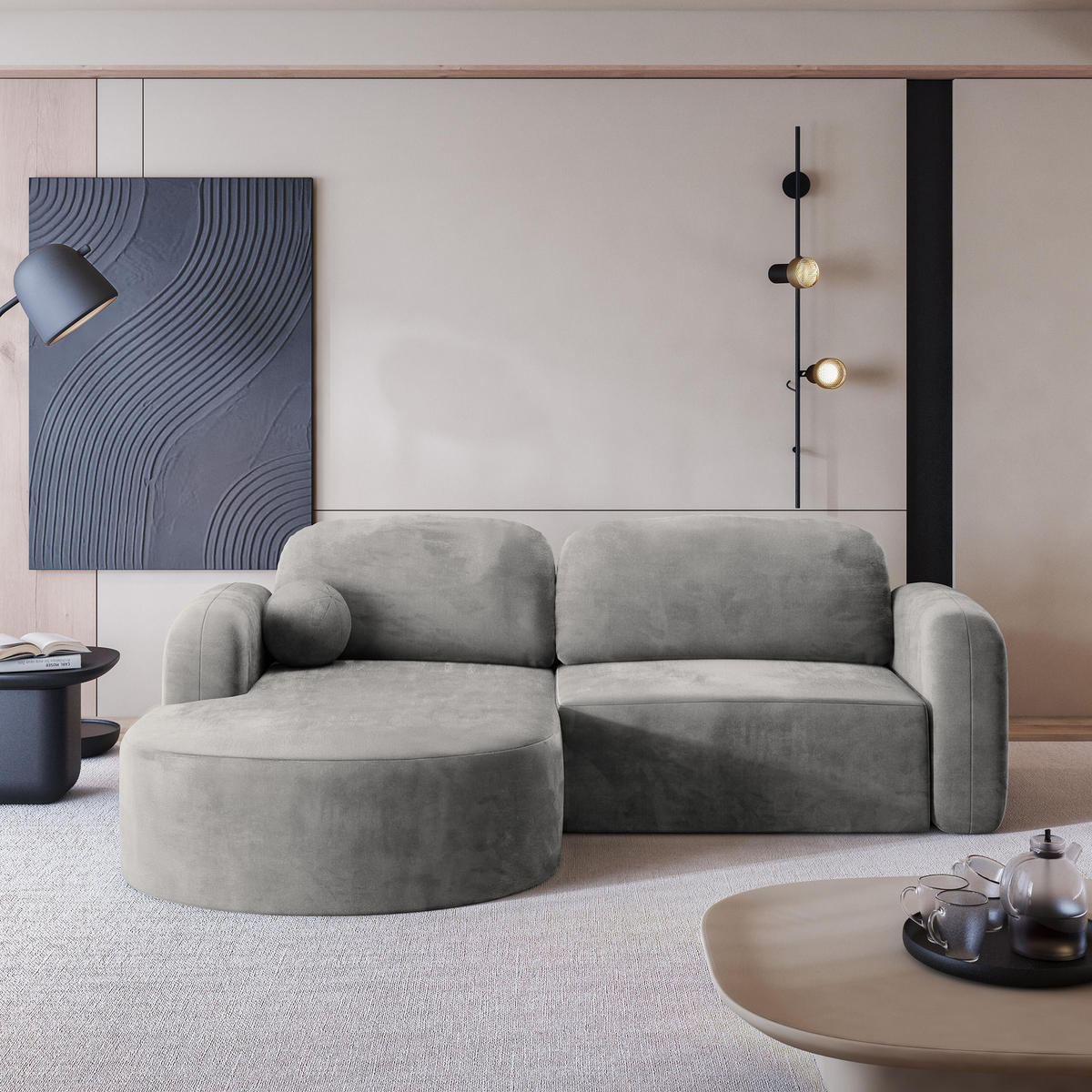 ECKSOFA AMILIA M L-S Hellgrau Velours-Stoff mit Schlaffunktion - Hellgrau, Holz (263/174cm) - MASSENO