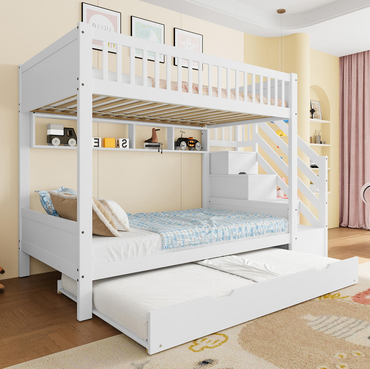 ETAGENBETT 90/200 cm Weiß mit Ausziehbett und Kleiderschrank - Weiß, Holz (90/200cm) - Flora Grace