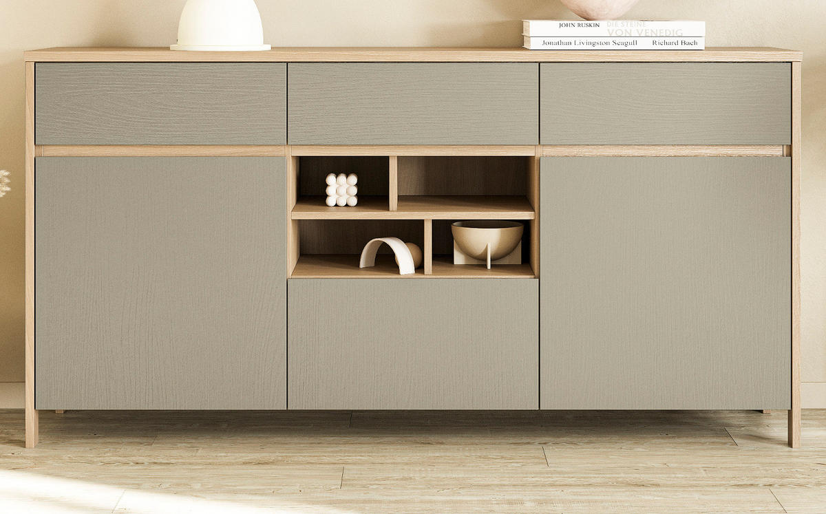 SIDEBOARD Salbei grün, Eiche, Kommode skandinavisch 164 cm, Soft-Close - Salbeigrün/Eichefarben, Holzwerkstoff/Metall (164/85/39cm) - Furn.Design