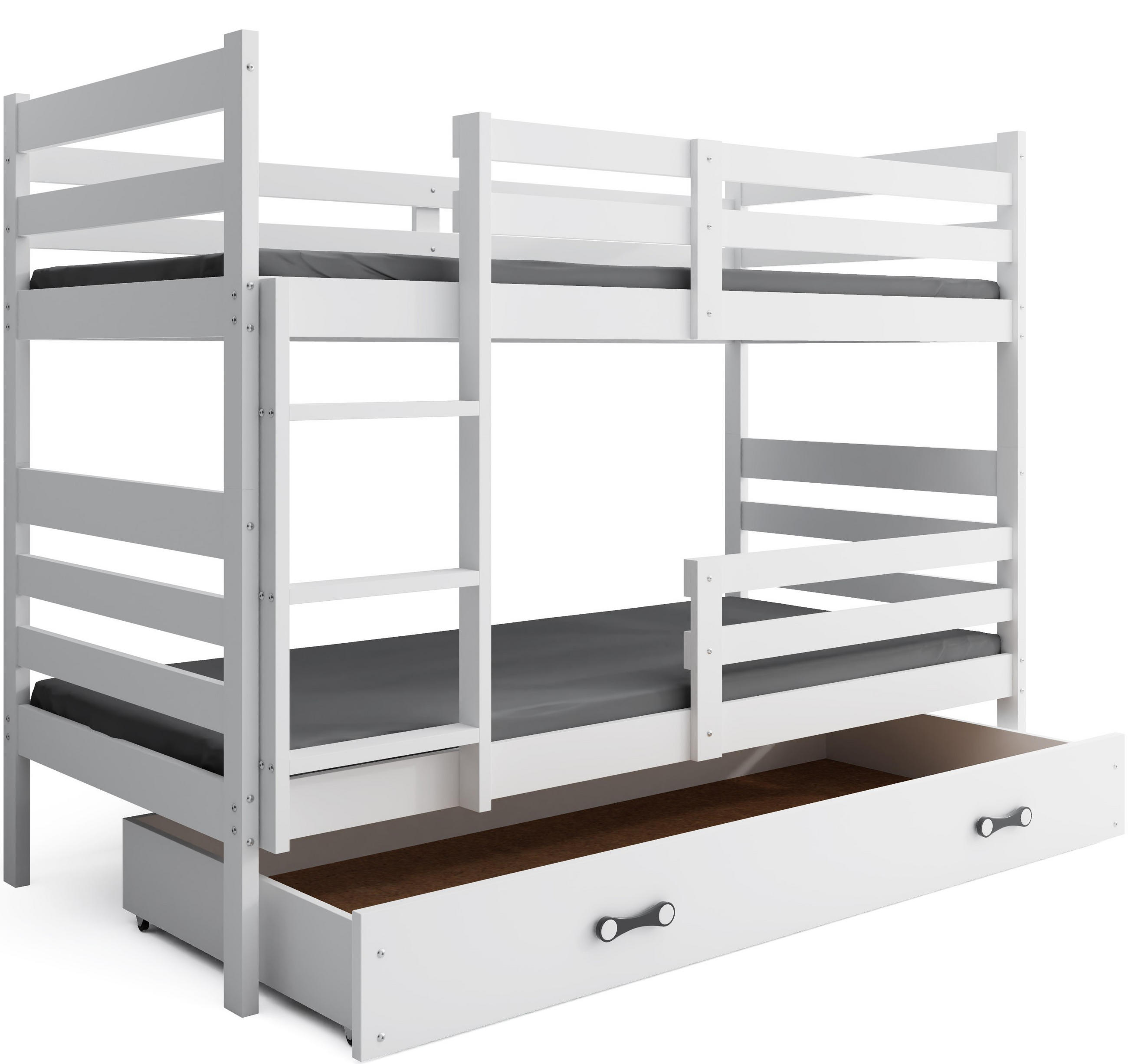 ETAGENBETT ERYK 90/190 cm, weiß, aus massivem Kiefernholz, mit Schublade, ohne Matratzen - Weiß, Holz - Interbeds