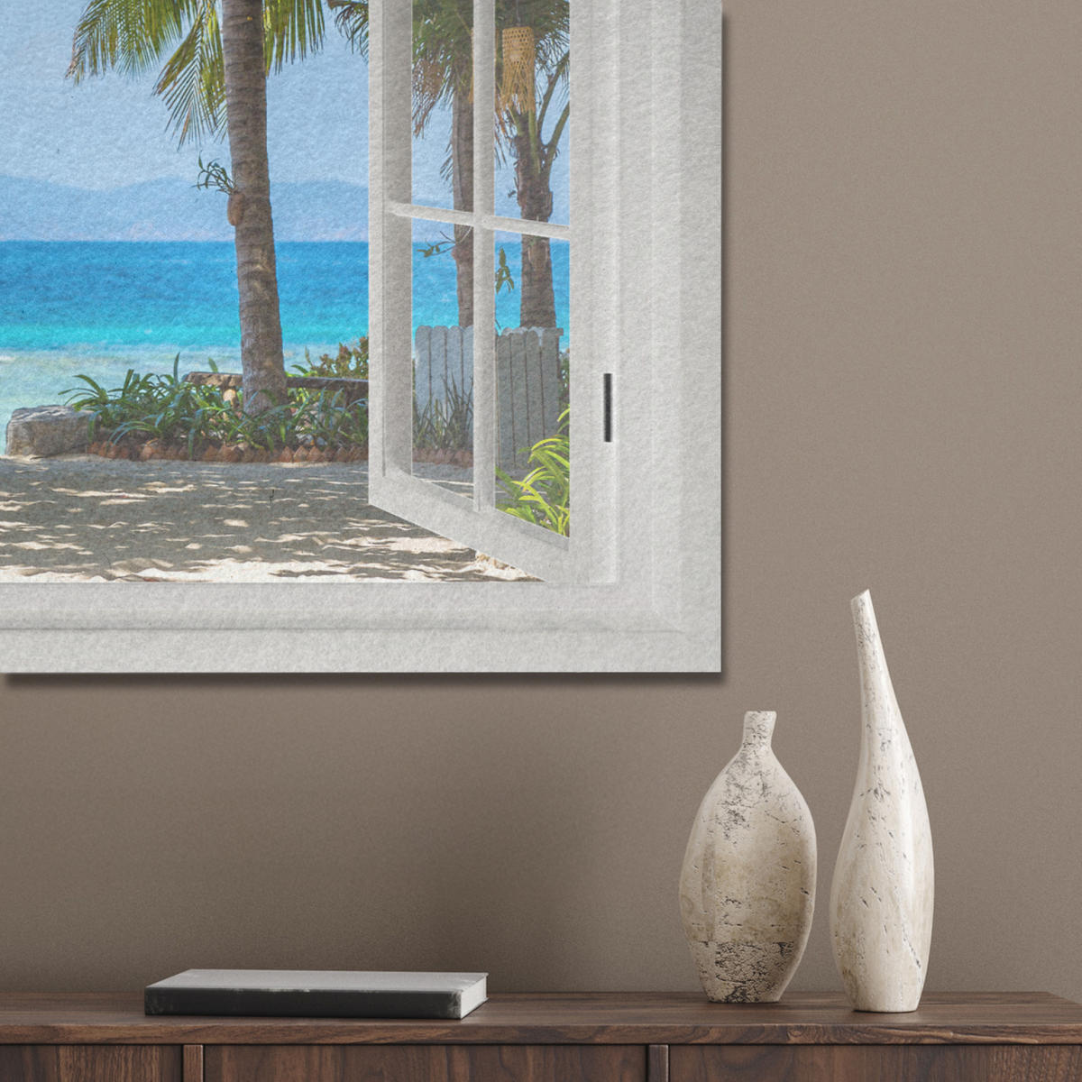 AKUSTIKBILD Aussicht - Baum - Meer - Palme - Hügel - Strand - Blau Gemälde 80x60 cm - Blau, Textil (80/60/0.9cm) - MuchoWow