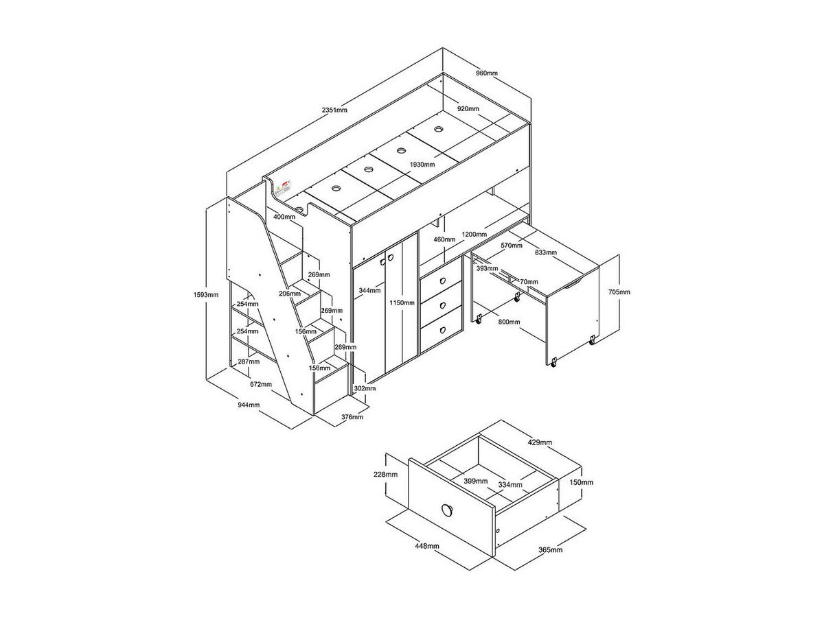 HOCHBETT mit Kleiderschrank & Schreibtisch - 90 x 190 cm - Weiß & Holzfarben - LANILATO - Naturfarben, Holz (97.5/235.1cm) - Vente-Unique