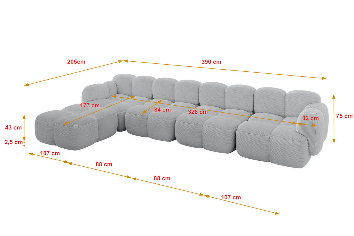 ECKSOFA modulares Sofa Links Miko-L3 390x205x75 Grau Cord - Anthrazit/Schwarz, Holzwerkstoff/Kunststoff (390/205cm) - ALTDECOR