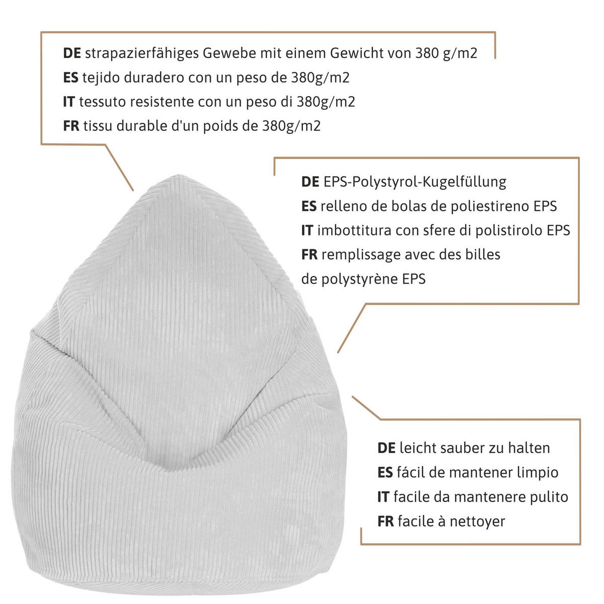 SITZSACK MIT FUßSTÜTZE Kordsamt 2-tlg Storm Gray M - Hellgrau/Grau, Textil (80/120/80cm) - Dreamroots