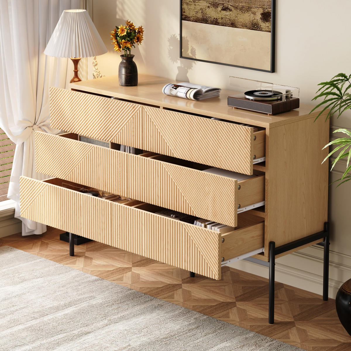 SIDEBOARD in Naturfarben Kommode mit 3D-Textur ,6 Schubladen und viel Stauraum für Wohn- und Esszimmer, B115.5/T38/H75cm - Schwarz/Naturfarben, Holzwerkstoff/Metall (115.5/75/38cm) - STILVORA