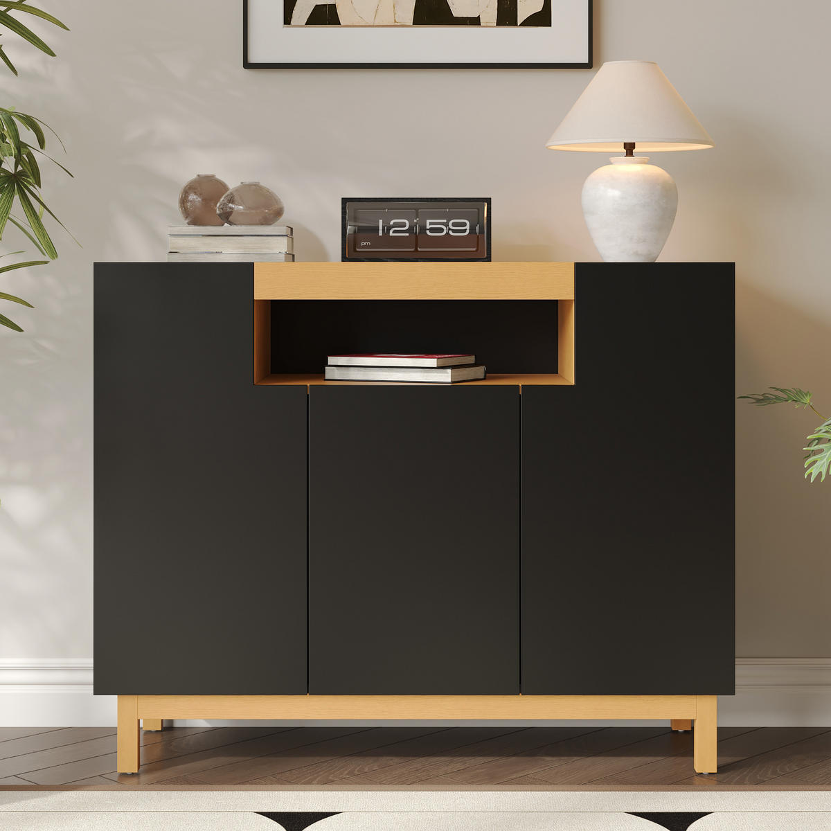 SIDEBOARD 3 Türen Wohn Esszimmer Multifunktional Stauraum - Schwarz, Holzwerkstoff (42/96/120.5cm) - FLIEKS