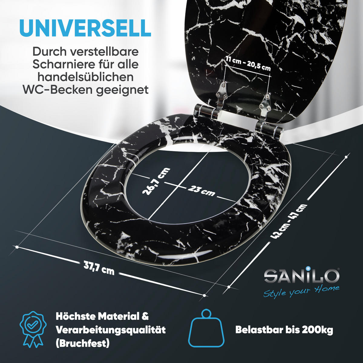 WC-SITZ Absenkautomatik Marmor Schwarz - Schwarz, Holzwerkstoff (38/6/47cm) - Sanilo