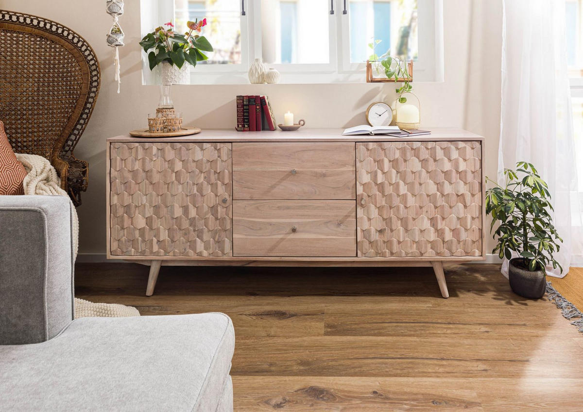 SIDEBOARD Akazie 180x42x75 weiß lackiert MOSAYK #200 - Weiß, Holz (180/75/42cm) - Massivmoebel24