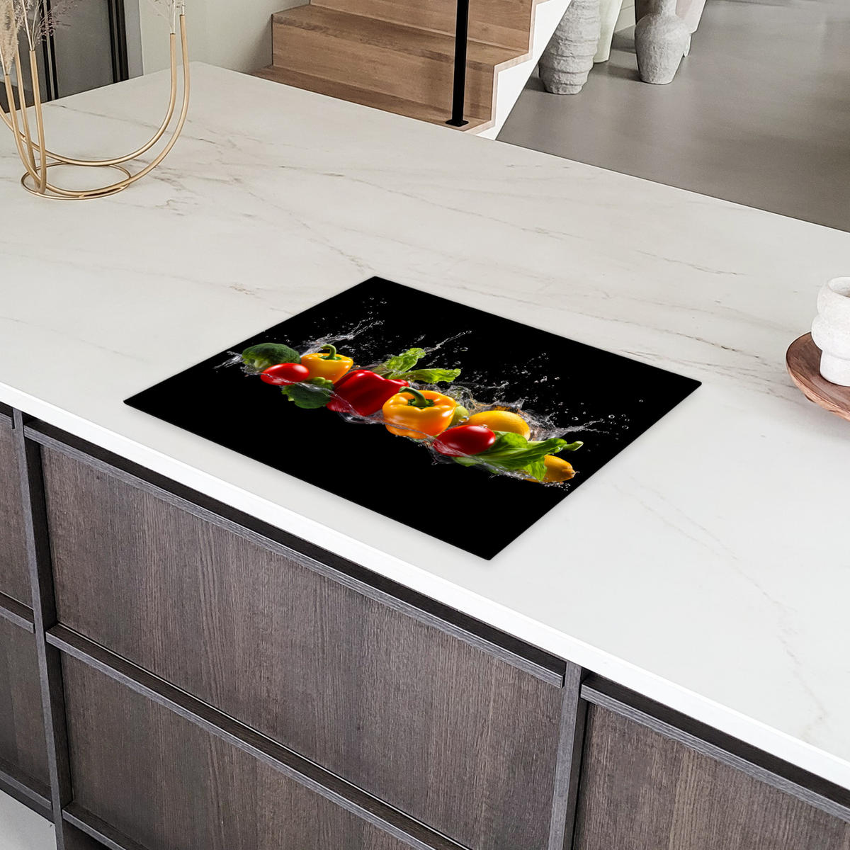 HERDABDECKPLATTE Paprika - Wasser - Gemüse - Schwarz Herdabdeckung Induktionsfeld 65x52 cm - Multicolor, Kunststoff (65/52/0.2cm) - MuchoWow