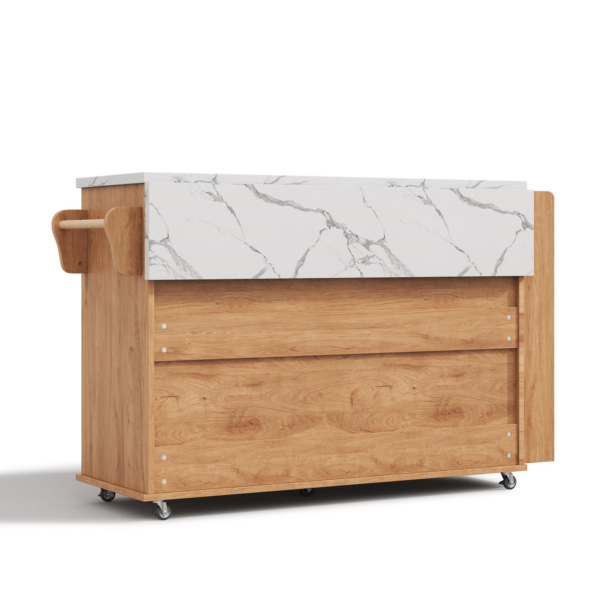 KÜCHENINSEL aus MDF 120x45(70)x90 cm Natur mit klappbarer Arbeitsplatte, Glastüren, Schubladen und 5 Rollen - Naturfarben, Holzwerkstoff (138/90/70cm) - Modfu