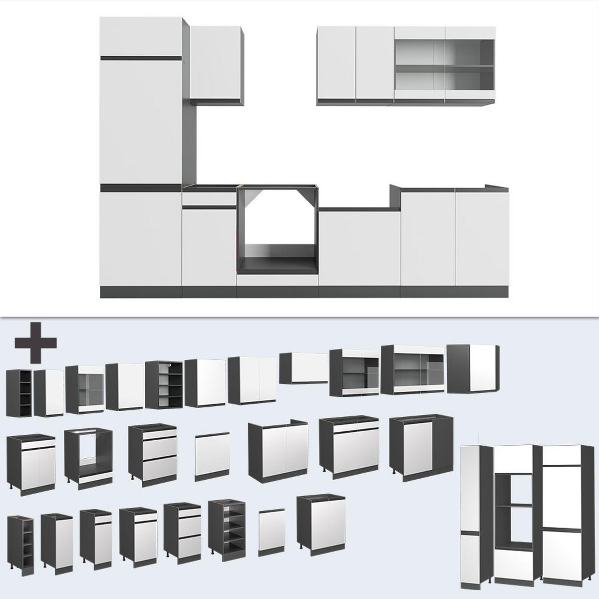 KÜCHENZEILE R-Line Weiß/Anthrazit 300 cm, AP Eiche - Anthrazit/Weiß, Holzwerkstoff (300/81.6/60cm) - Vicco