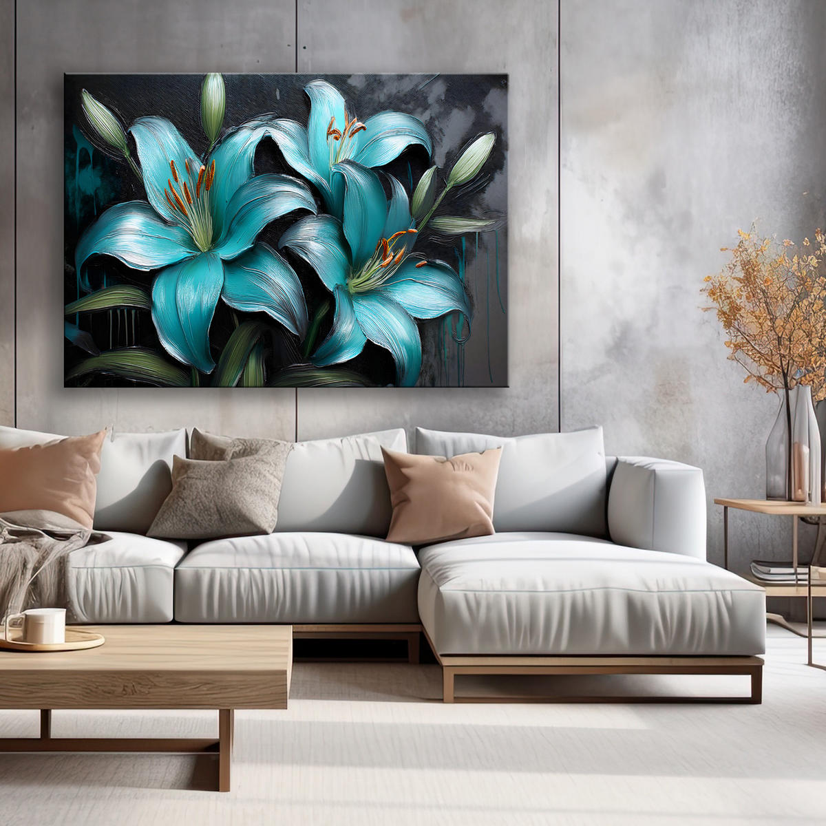 WANDBILD lilienblumen türkisfarbene pflanzen - Türkis, Textil (60/40cm) - Feeby