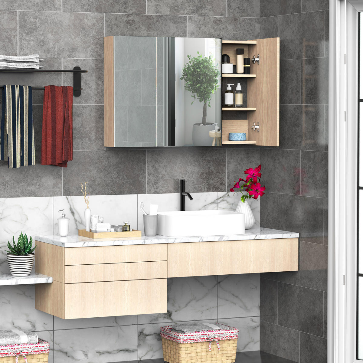 SPIEGELSCHRANK mit 3 sanft schließenden Spiegeltüren,90x13,5x60 cm ,Holzfarbe - Braun, Glas (90/135/60cm) - Vallsero