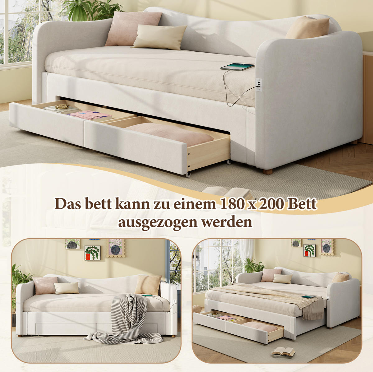 ČALOUNĚNÁ postel 90/200 cm, rozkládací na 180/200 cm, 2 zásuvky, USB a USB-C, samet, Béžová - béžová, textil (90/200cm) - Redom